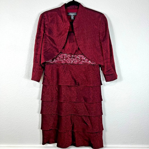R&M‎ Richards Dress Jacket Set Women's 6P Petite Maroon Red Bolero Jacket Tiered - Picture 1 of 16